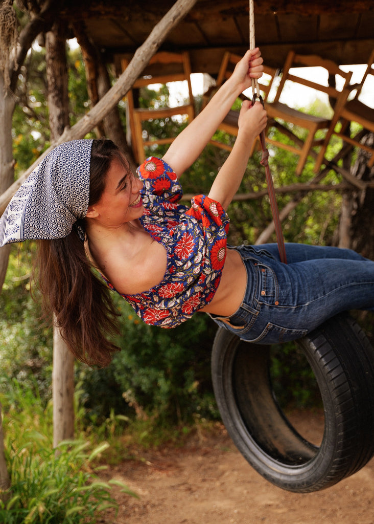 Lalita Top — floral top and headscarf on model — MYFASHIONFRUIT