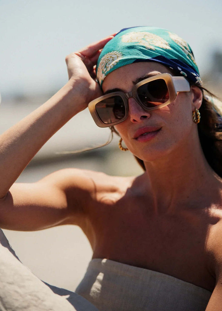Komono AVERY Sahara Sunglasses — on model with headscarf, square frames — MYFASHIONFRUIT