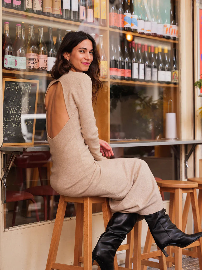 Mazzy Dress — Beige knit dress with open back, on model — MYFASHIONFRUIT