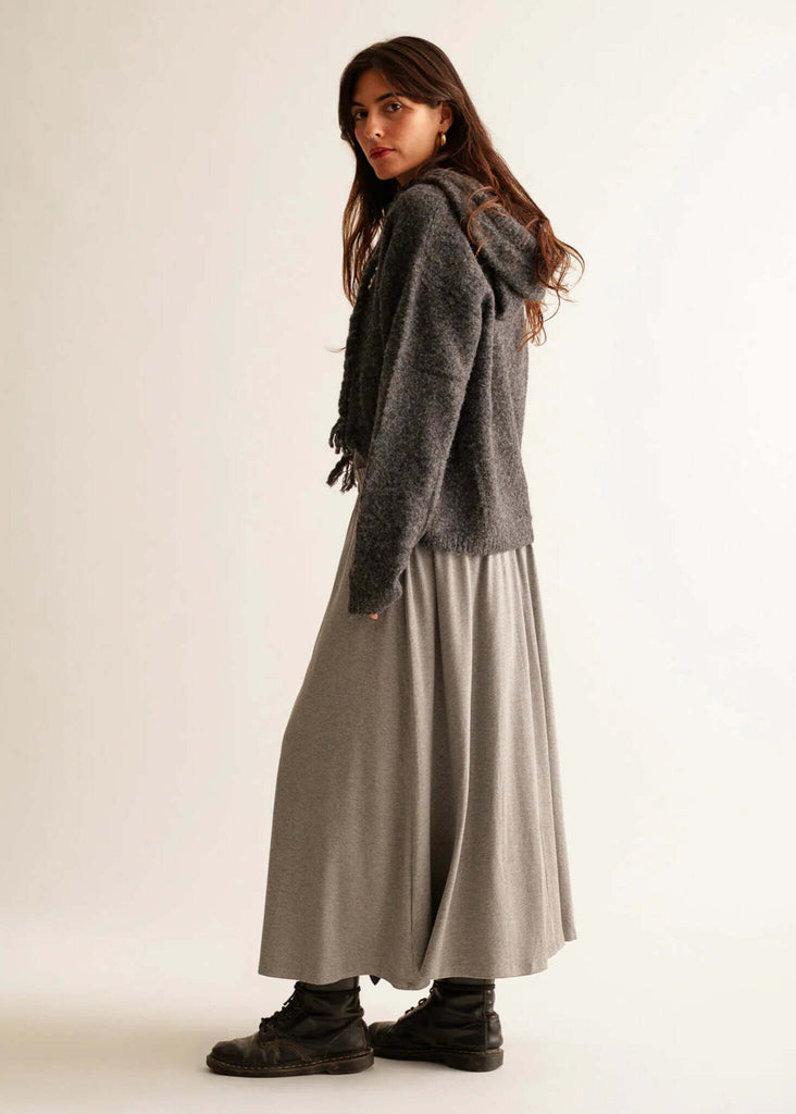 Junia Skirt — grey skirt, knit hoodie on model — MYFASHIONFRUIT