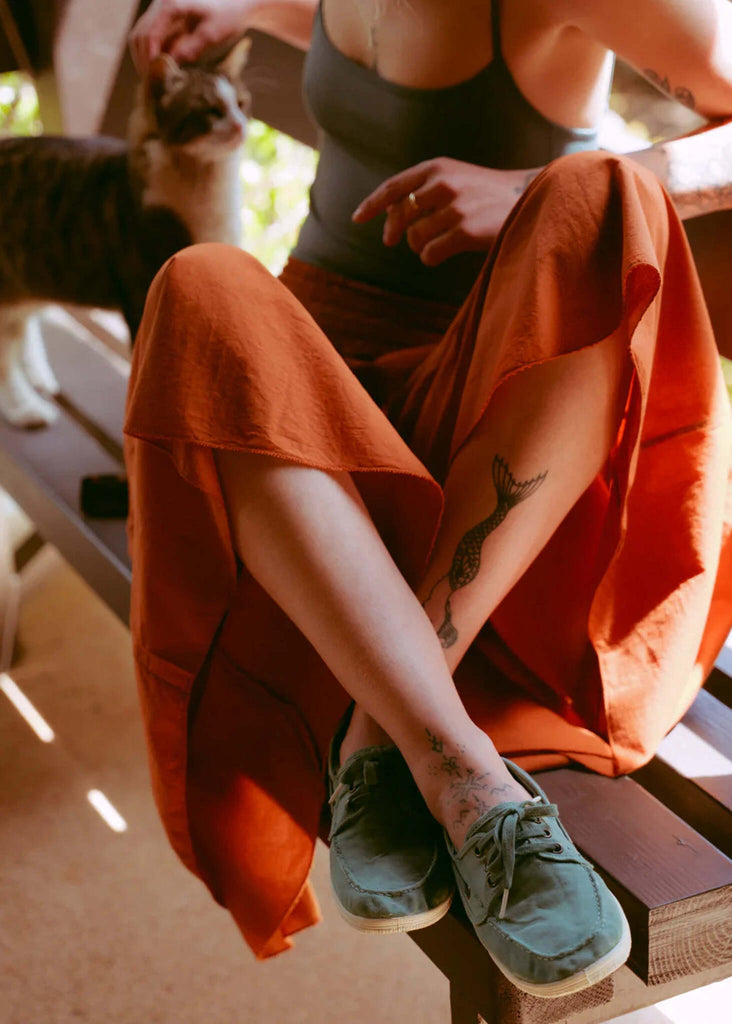 Old Alheli Boat Shoes — Green shoes, orange skirt on model — MYFASHIONFRUIT