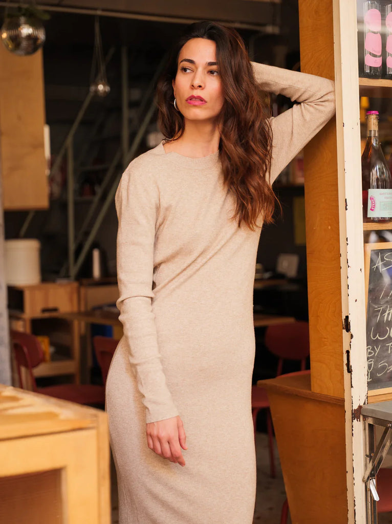Mazzy Dress — Beige knit dress on model — MYFASHIONFRUIT