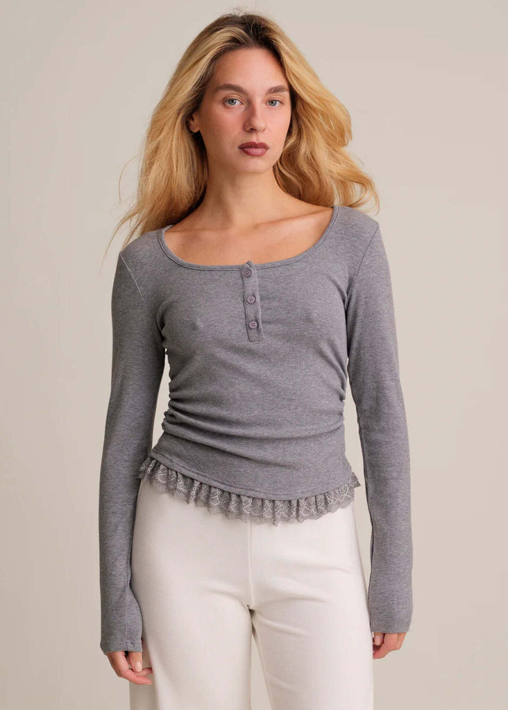 Calvina Top — Grey long sleeve top with lace on model — MYFASHIONFRUIT