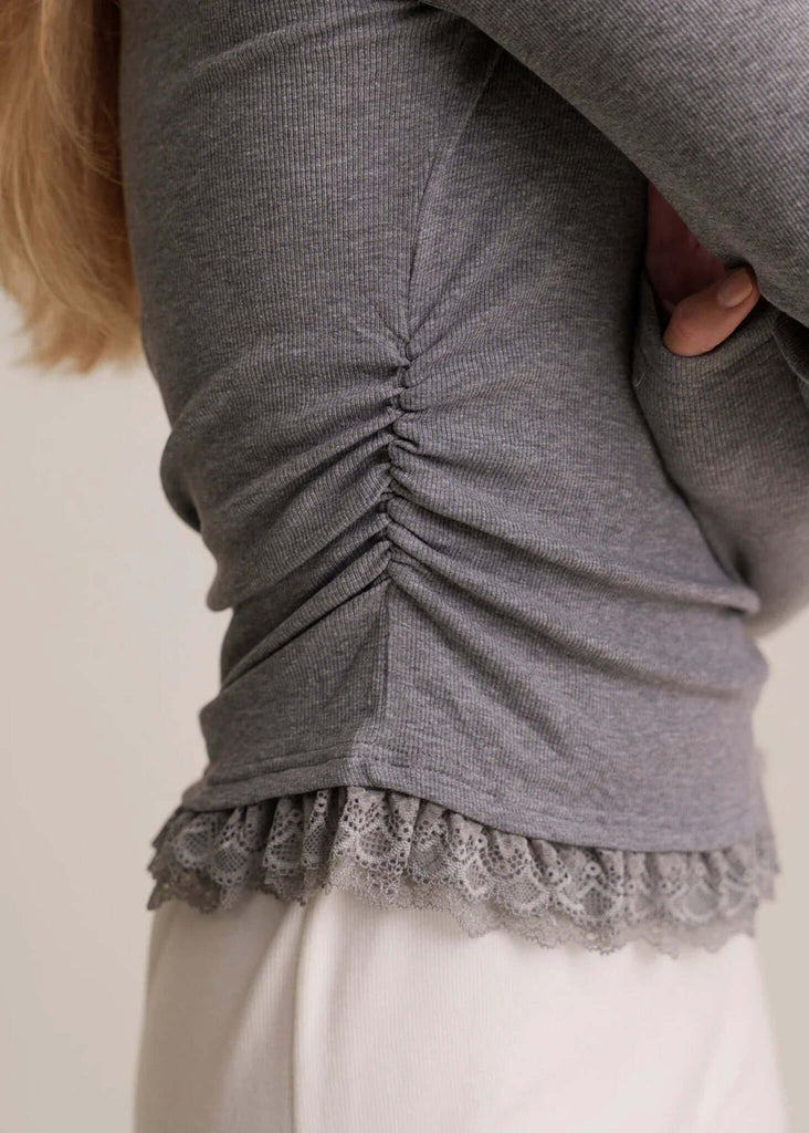 Calvina Top — Grey ribbed knit top with lace detail, detail — MYFASHIONFRUIT