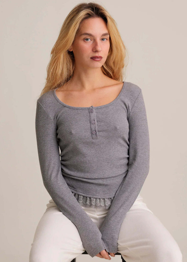 Calvina Top — gray top with buttons on model — MYFASHIONFRUIT