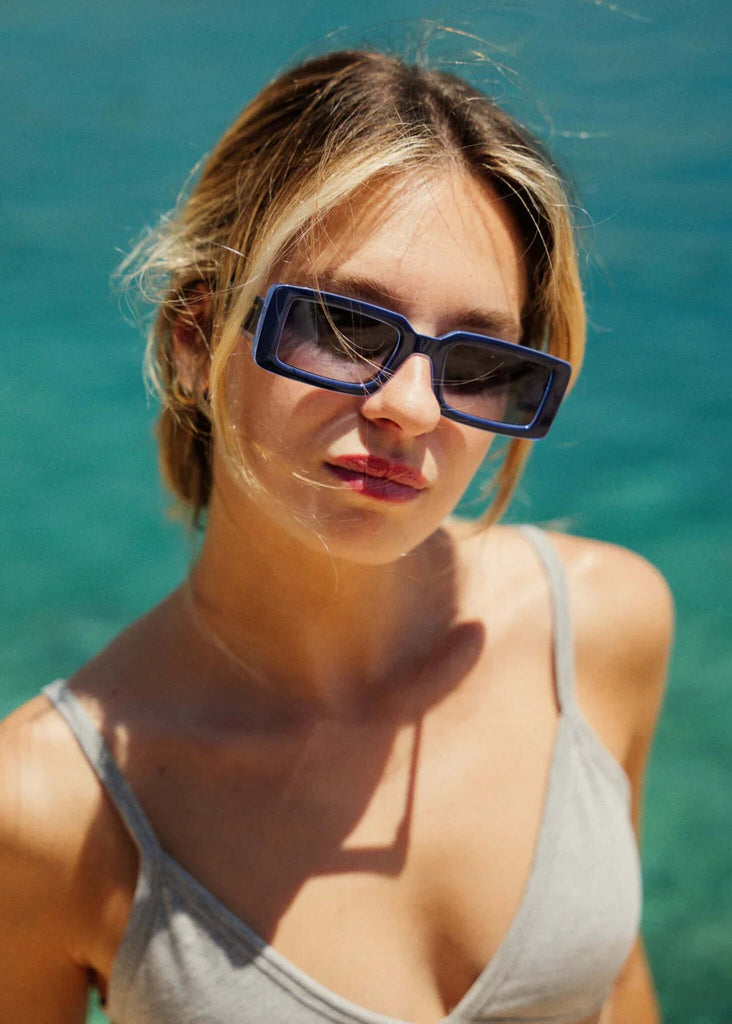 Komono MALICK Midnight Sky Sunglasses — on model, blue frame — MYFASHIONFRUIT