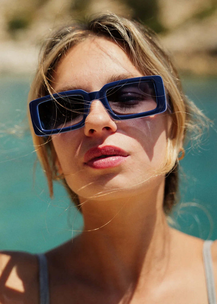 Komono MALICK Midnight Sky Sunglasses — on model, blue frame — MYFASHIONFRUIT