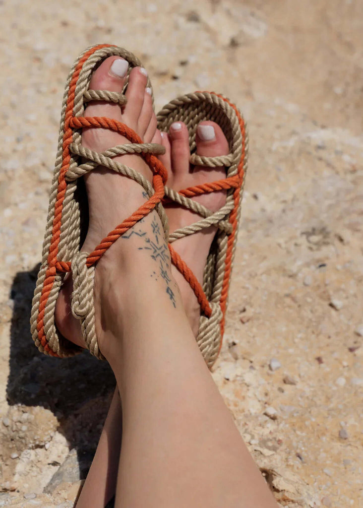 Toe Joe Camel Pumpkin Sandals — Rope sandal detail on model — MYFASHIONFRUIT