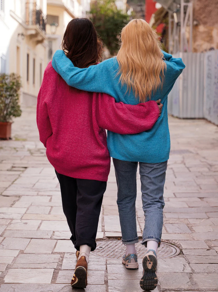 Thelma Sweater — pink and blue on models, walking — MYFASHIONFRUIT