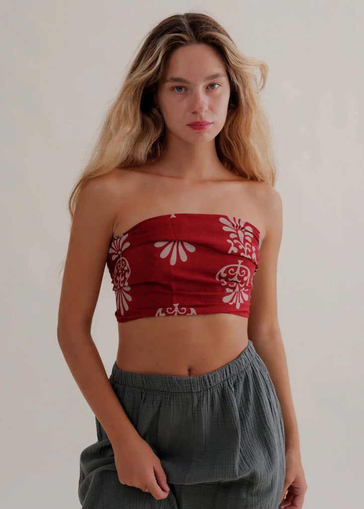 Bijal Silk Scarf - Reds — red scarf with white pattern on model — MYFASHIONFRUIT