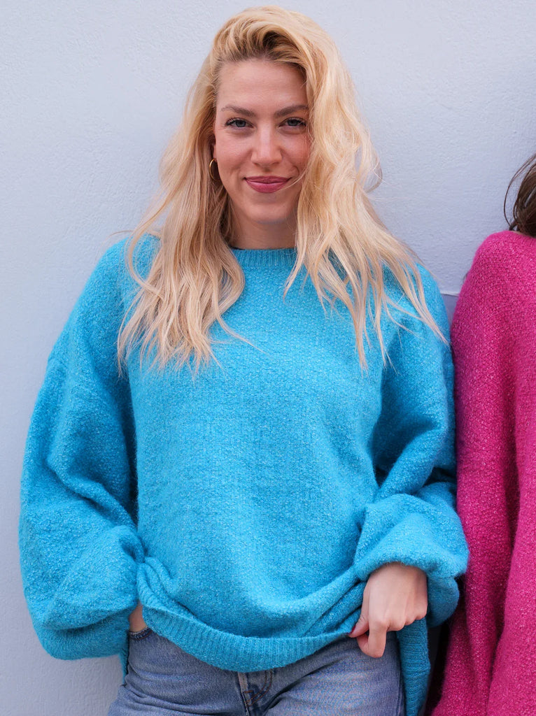 Thelma Sweater — Blue knit sweater on model — MYFASHIONFRUIT