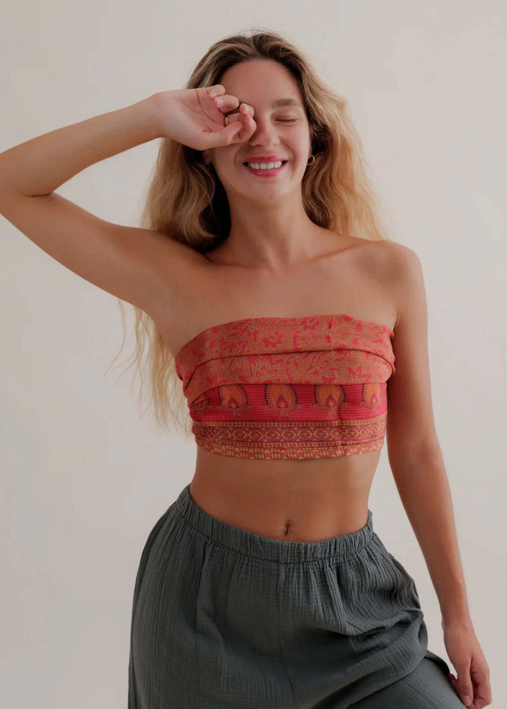 Bijal Silk Scarf - Pinks — pink pattern scarf on model — MYFASHIONFRUIT