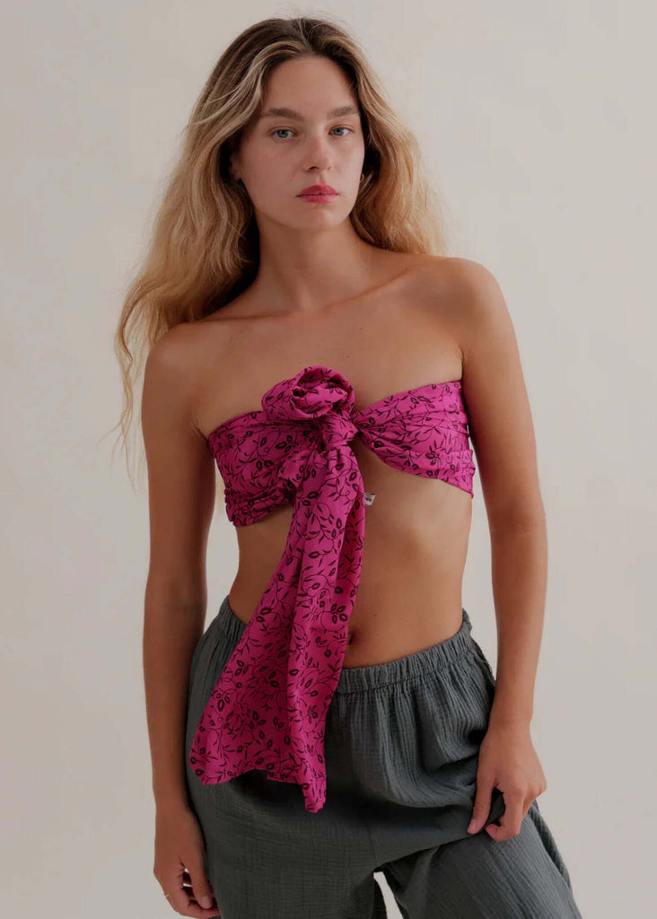 Bijal Silk Scarf - Pinks — Floral scarf top on model — MYFASHIONFRUIT