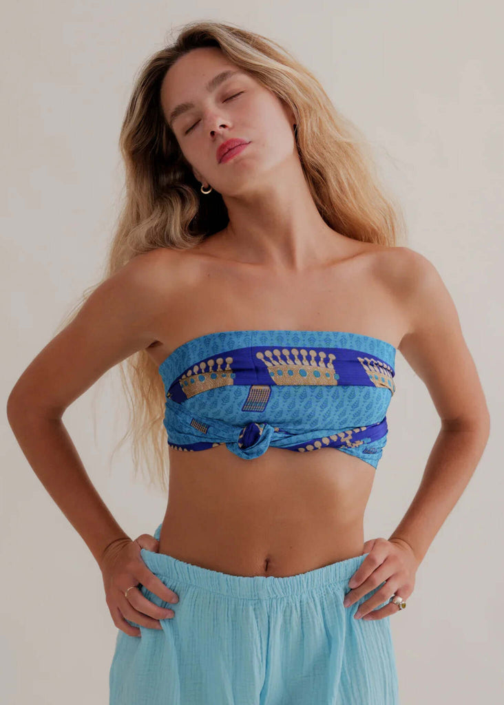 Bijal Silk Scarf — Blues — Scarf top on model — MYFASHIONFRUIT