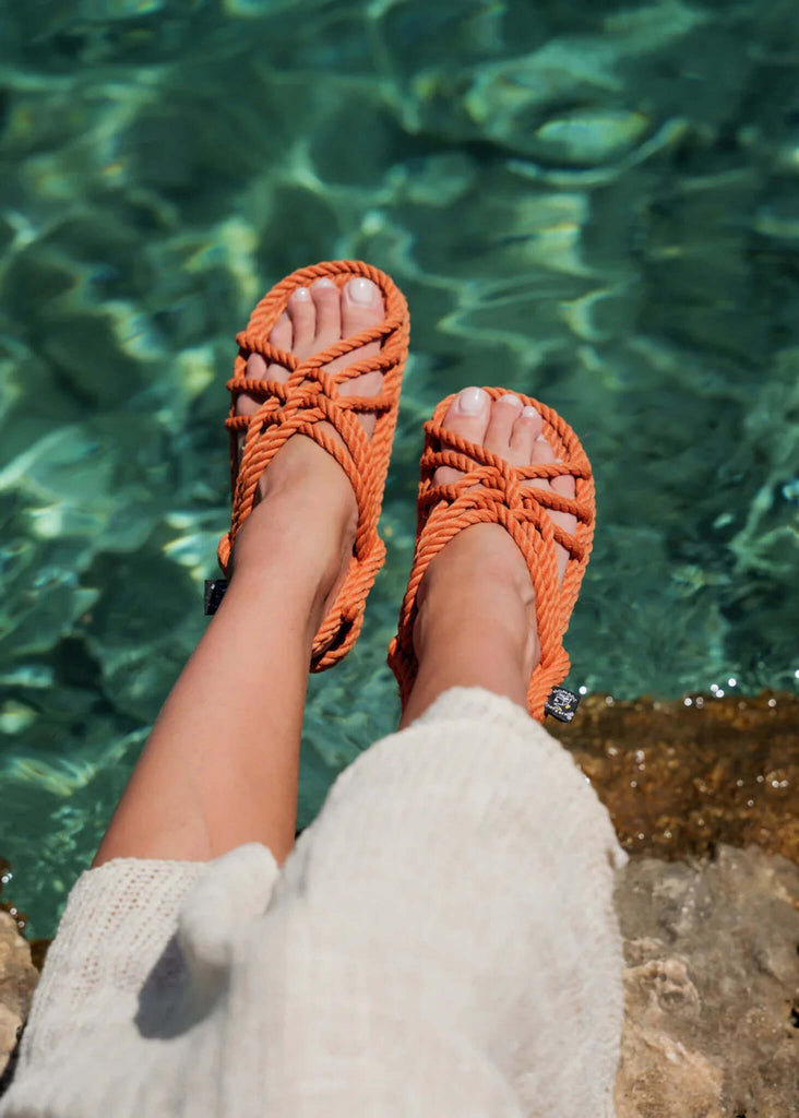 JC Pumpkin Sandals — Orange woven sandals on model — MYFASHIONFRUIT
