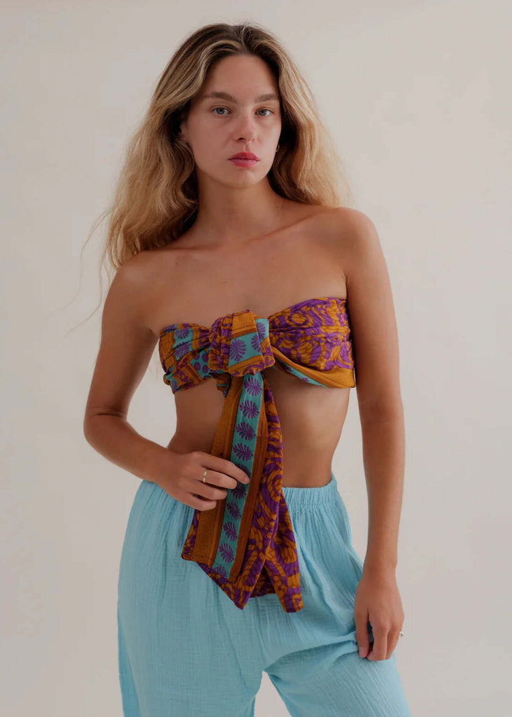Bijal Silk Scarf - Purples — on model, purple & gold scarf top, blue pants — MYFASHIONFRUIT