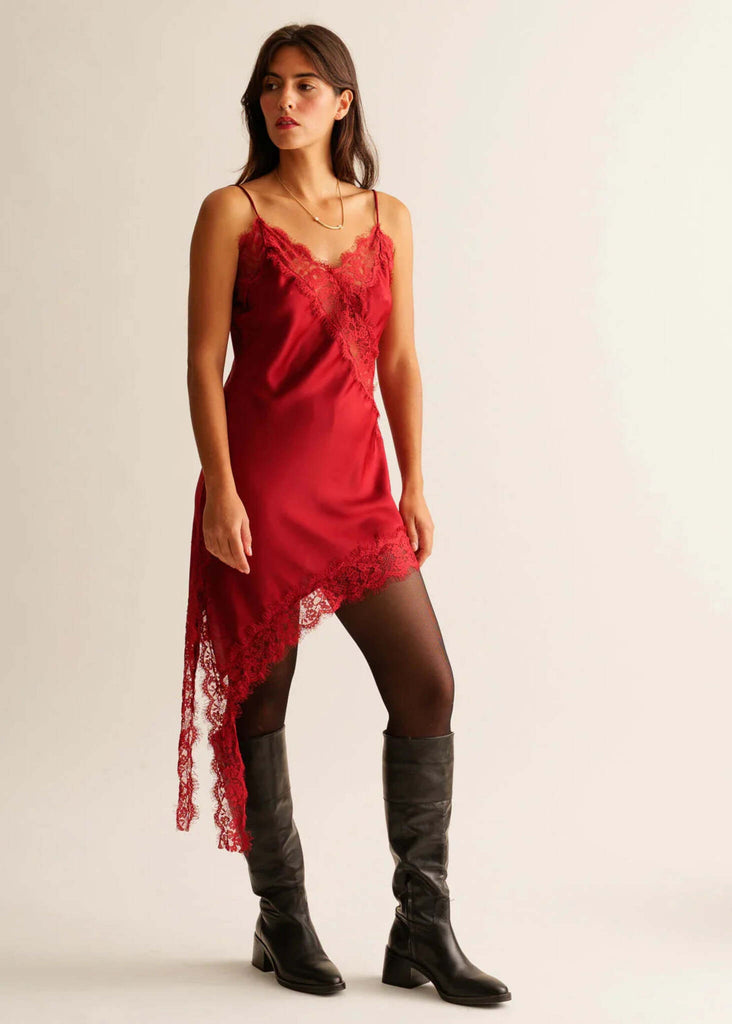 Victoria Dress — Red lace slip dress on model — MYFASHIONFRUIT