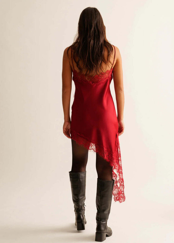 Victoria Dress — Red lace slip dress on model — MYFASHIONFRUIT