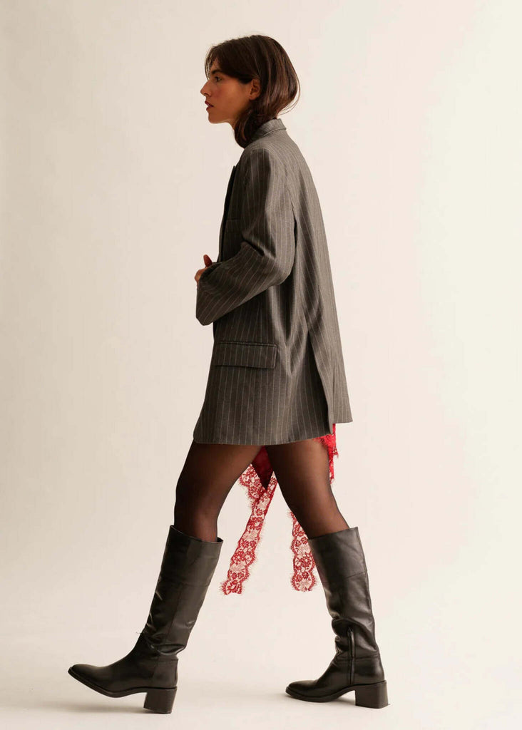 Victoria Dress — On model, gray pinstripe blazer dress with red lace — MYFASHIONFRUIT