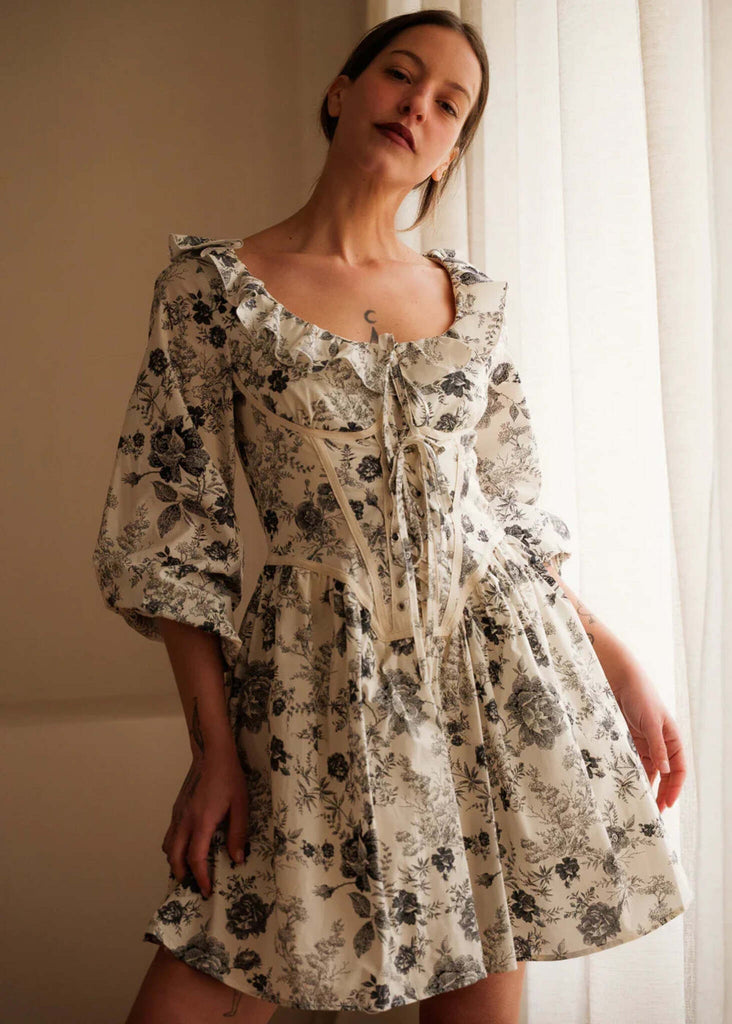 Carmen Dress — Floral mini dress on model — MYFASHIONFRUIT