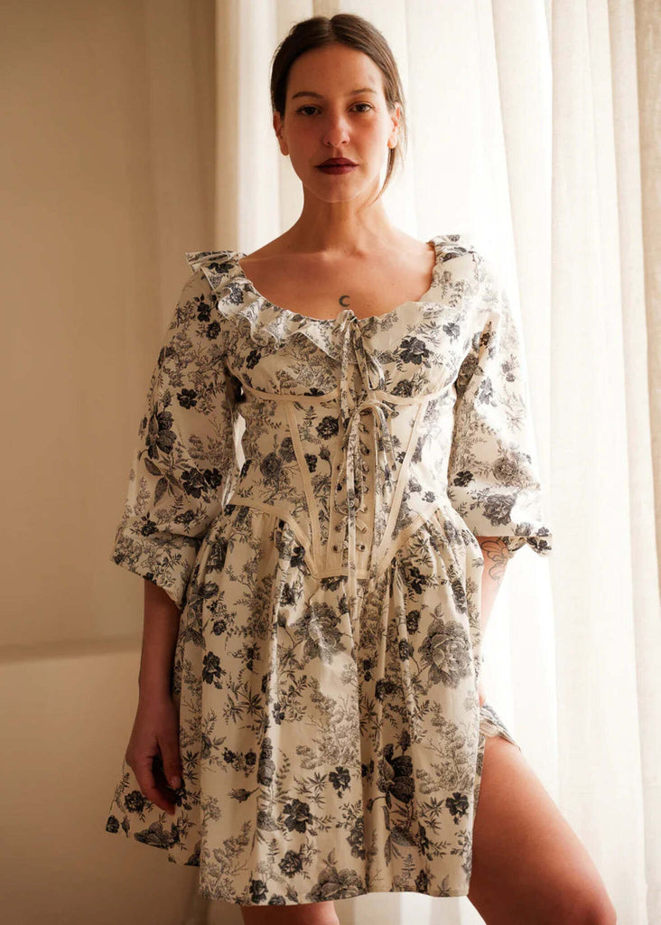 Carmen Dress — Floral dress with corset on model — MYFASHIONFRUIT