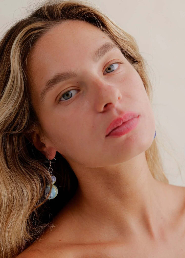 Janya Earrings — close-up, on model, blue beaded earrings — MYFASHIONFRUIT