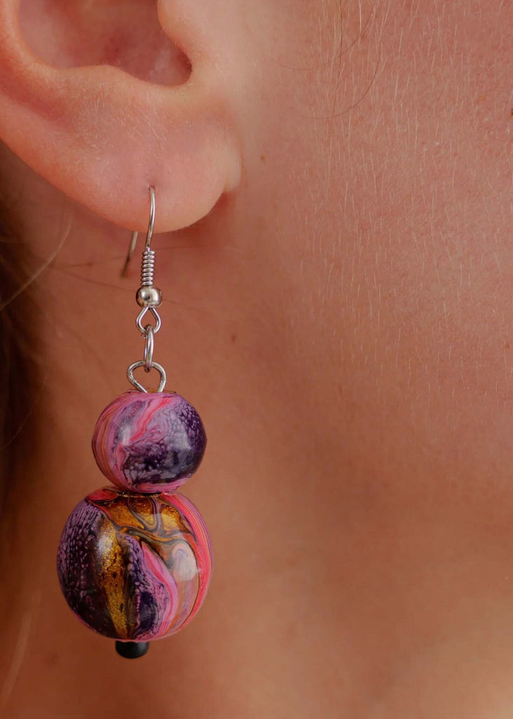 Janya Earrings — Detail, pink & black marbled beads on model — MYFASHIONFRUIT