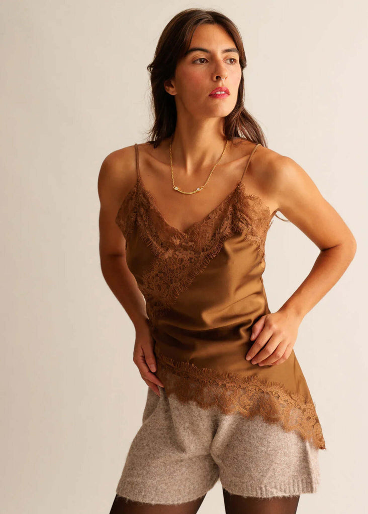 Zoey Top — Bronze, lace trim cami on model — MYFASHIONFRUIT