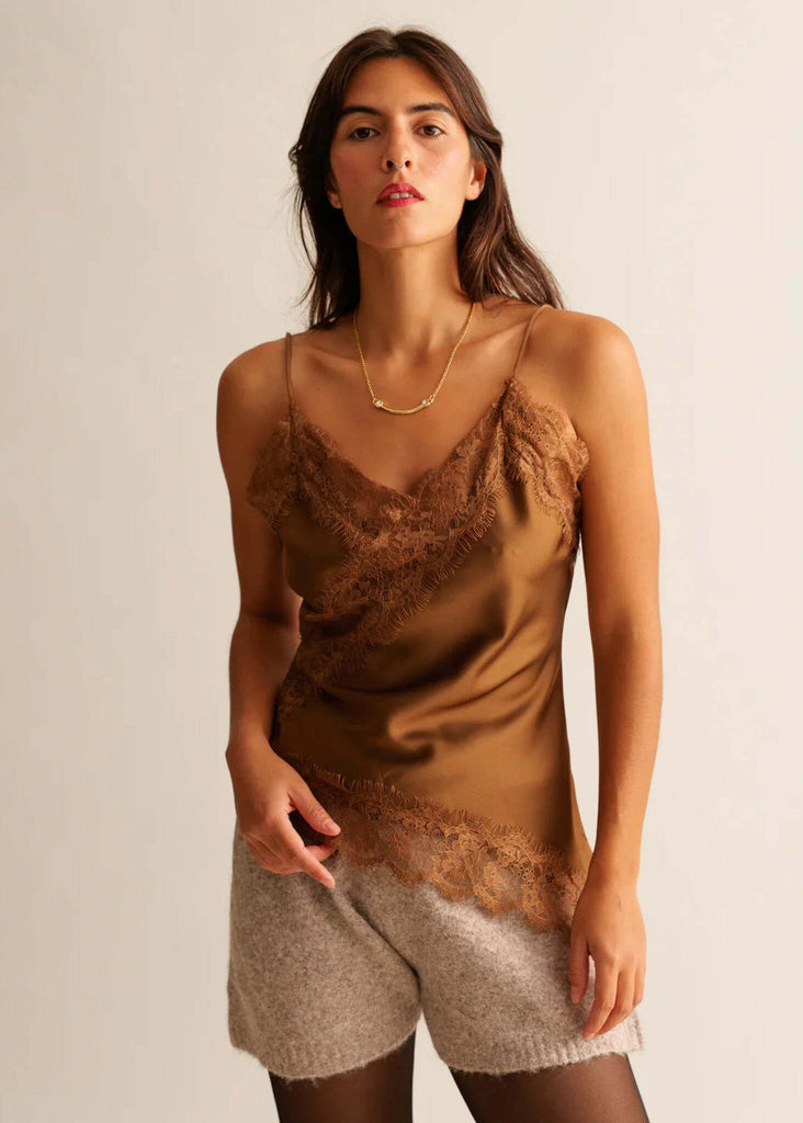 Zoey Top — Brown lace-trimmed top on model — MYFASHIONFRUIT