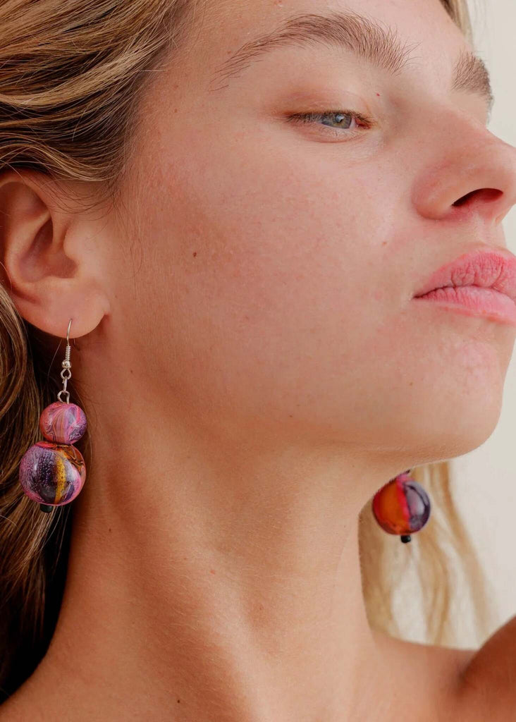 Janya Earrings — detail, on model, pink & orange bead earrings — MYFASHIONFRUIT
