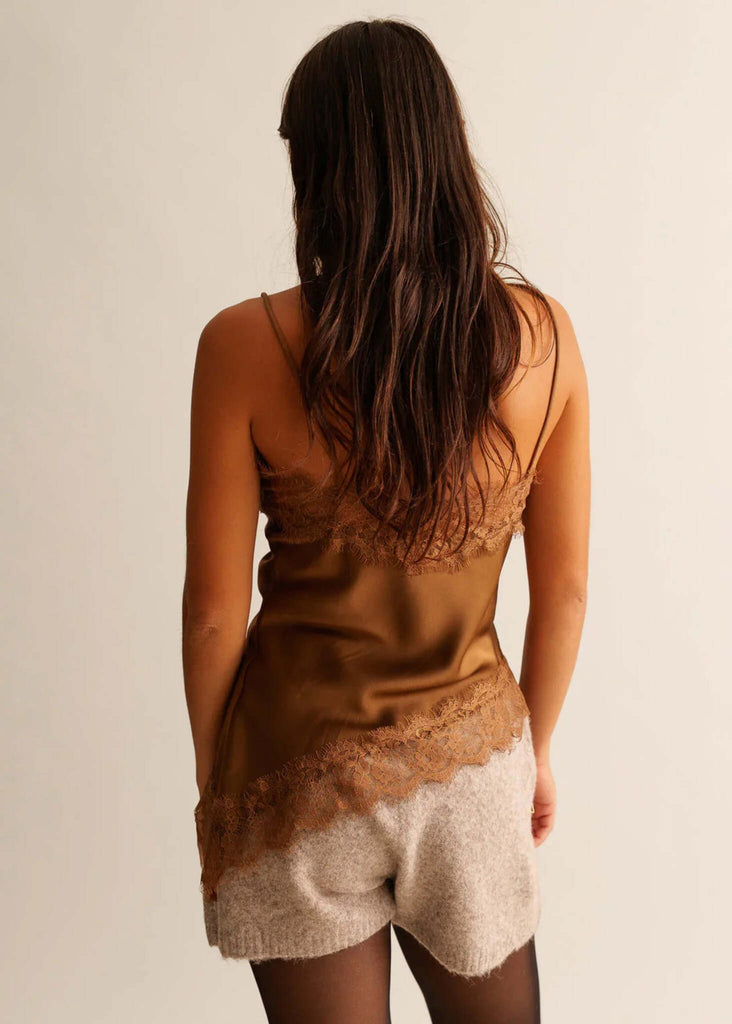 Zoey Top — Brown lace tank top on model, rear view — MYFASHIONFRUIT