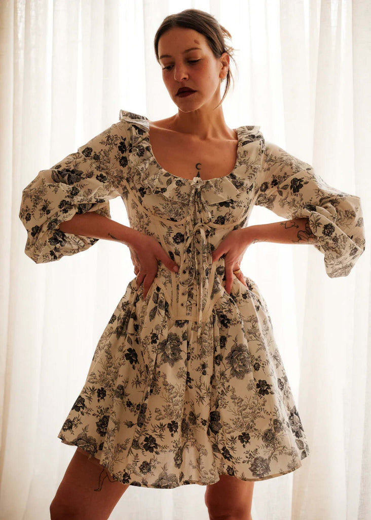 Carmen Dress — Floral mini dress on model — MYFASHIONFRUIT