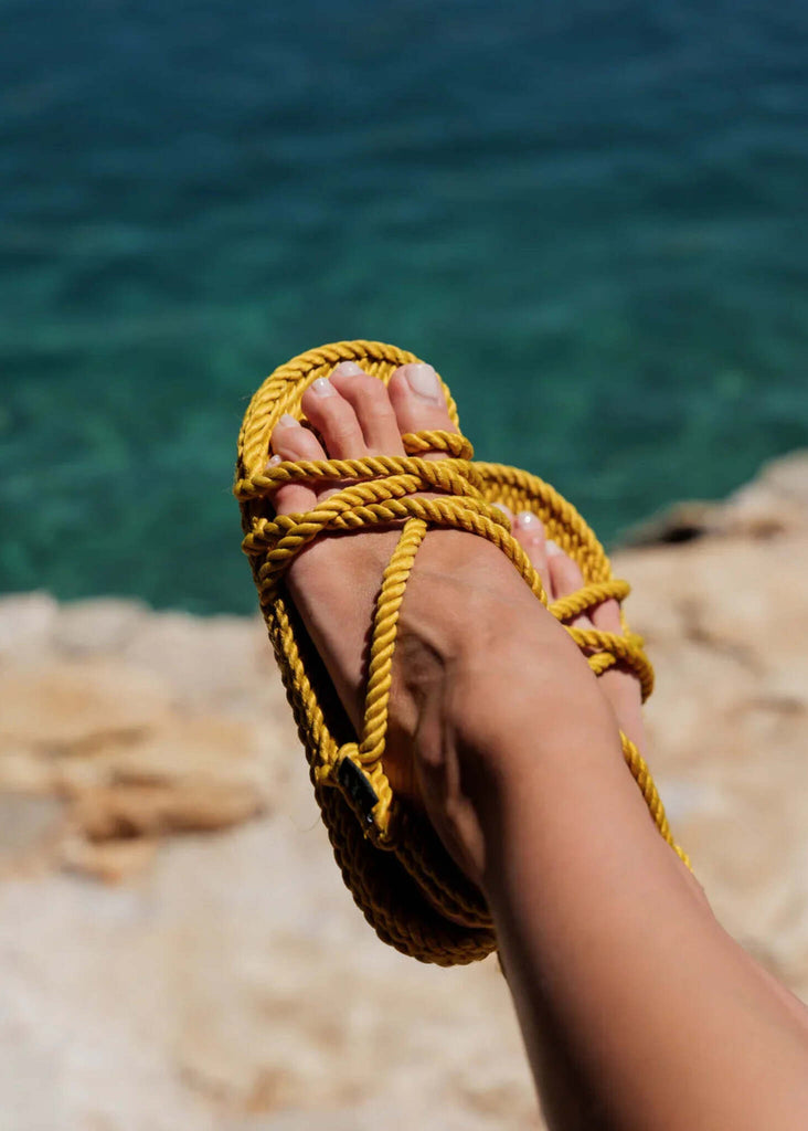 Toe Joe Mustard Sandals — Mustard rope sandals on model — MYFASHIONFRUIT