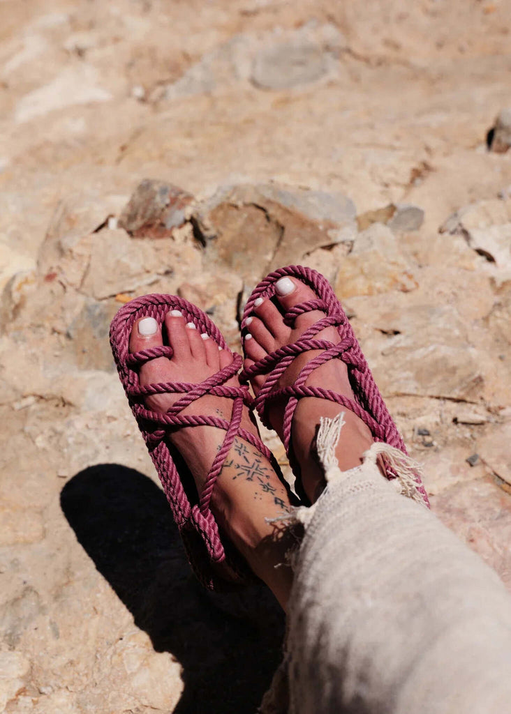Toe Joe Fuchsia Sandals — fuchsia rope sandals on model — MYFASHIONFRUIT