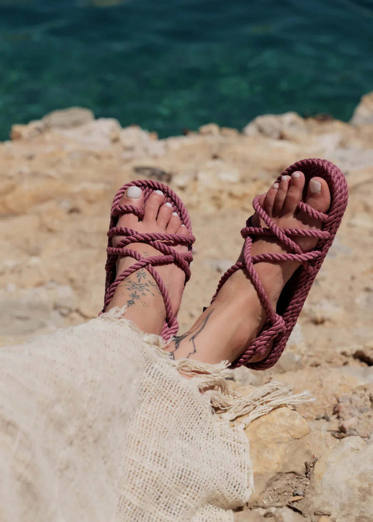 Toe Joe Fuchsia Sandals — Fuchsia rope sandals on model — MYFASHIONFRUIT