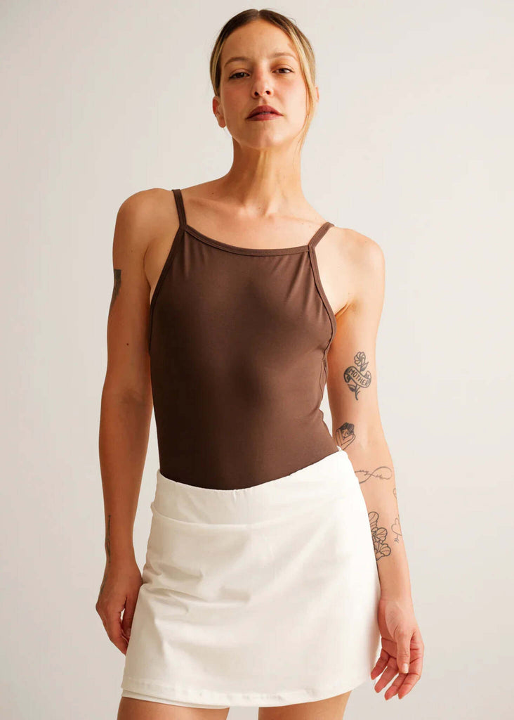Courtney Body — Brown bodysuit with white skirt on model — MYFASHIONFRUIT