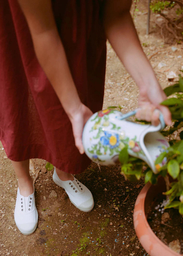 Lavanda Sneakers — White sneakers, red dress, watering plants — MYFASHIONFRUIT