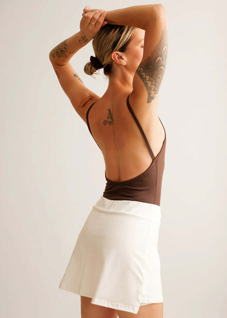 Courtney Body — Brown bodysuit and white skirt on model — MYFASHIONFRUIT