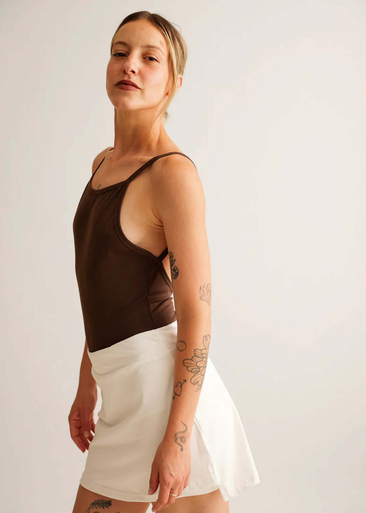 Courtney Body — Dark brown bodysuit with white skirt on model — MYFASHIONFRUIT