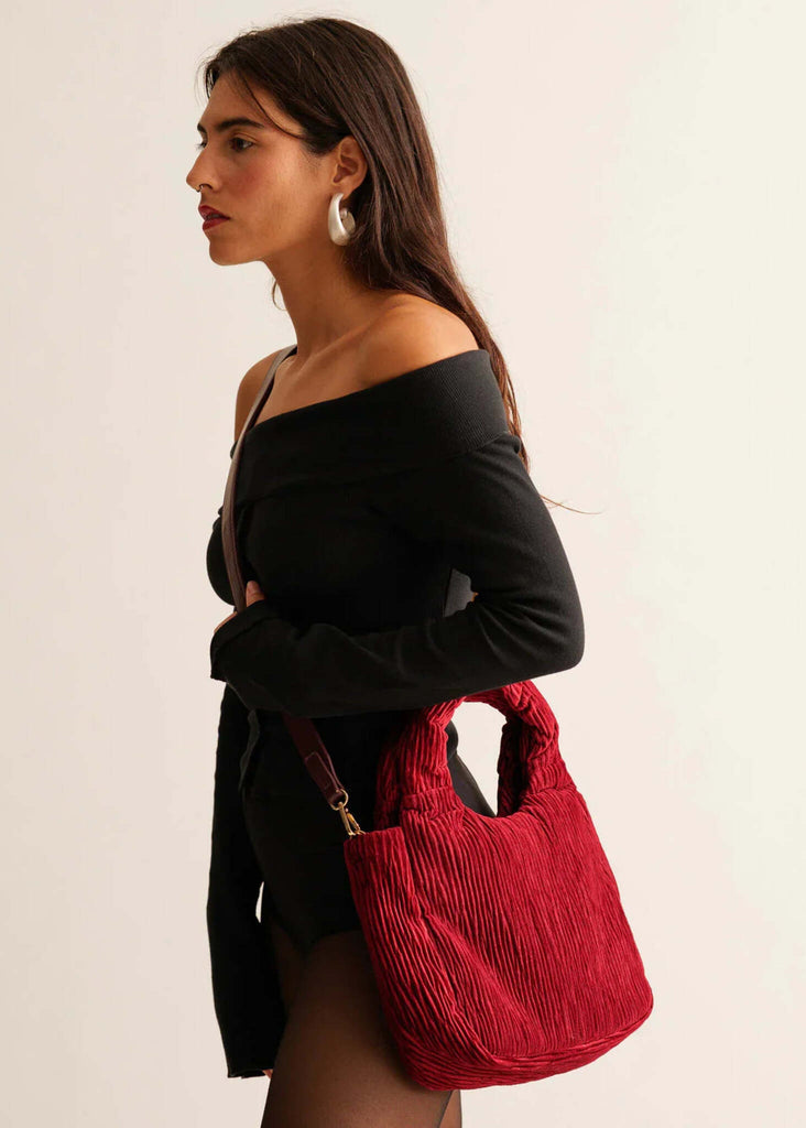 Maryse Bag — Red corduroy bag on model — MYFASHIONFRUIT
