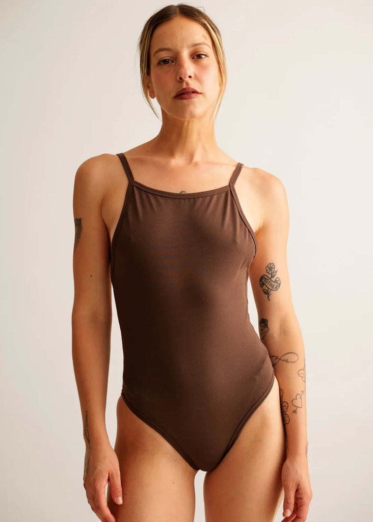 Courtney Body — Brown bodysuit with straps on model — MYFASHIONFRUIT