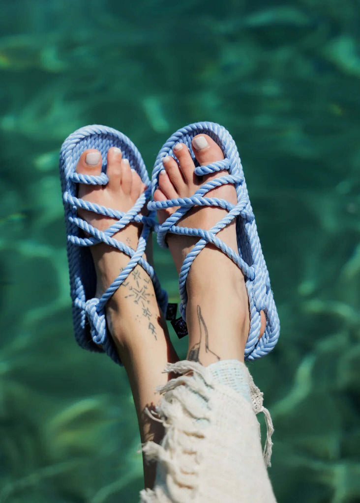 Toe Joe Very Pery Sandals — Light blue rope sandals on model — MYFASHIONFRUIT