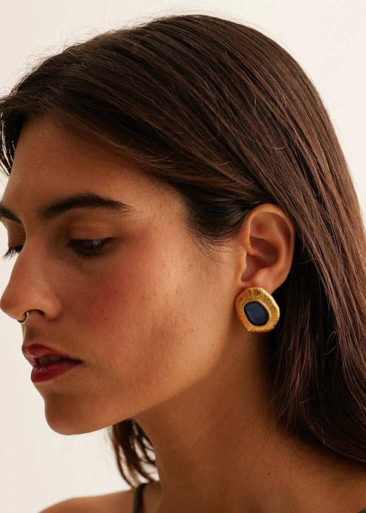 Zanyah Earrings — Gold & blue earrings on model — MYFASHIONFRUIT