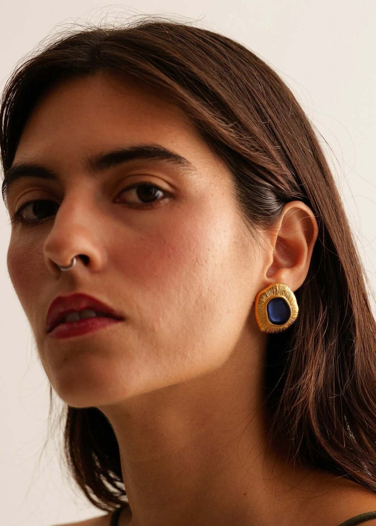 Zanyah Earrings — Gold and blue on model — MYFASHIONFRUIT