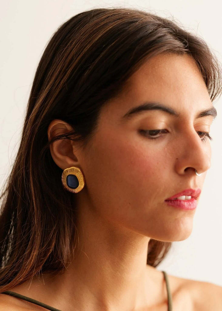 Zanyah Earrings — Woman wears gold & navy earring — MYFASHIONFRUIT