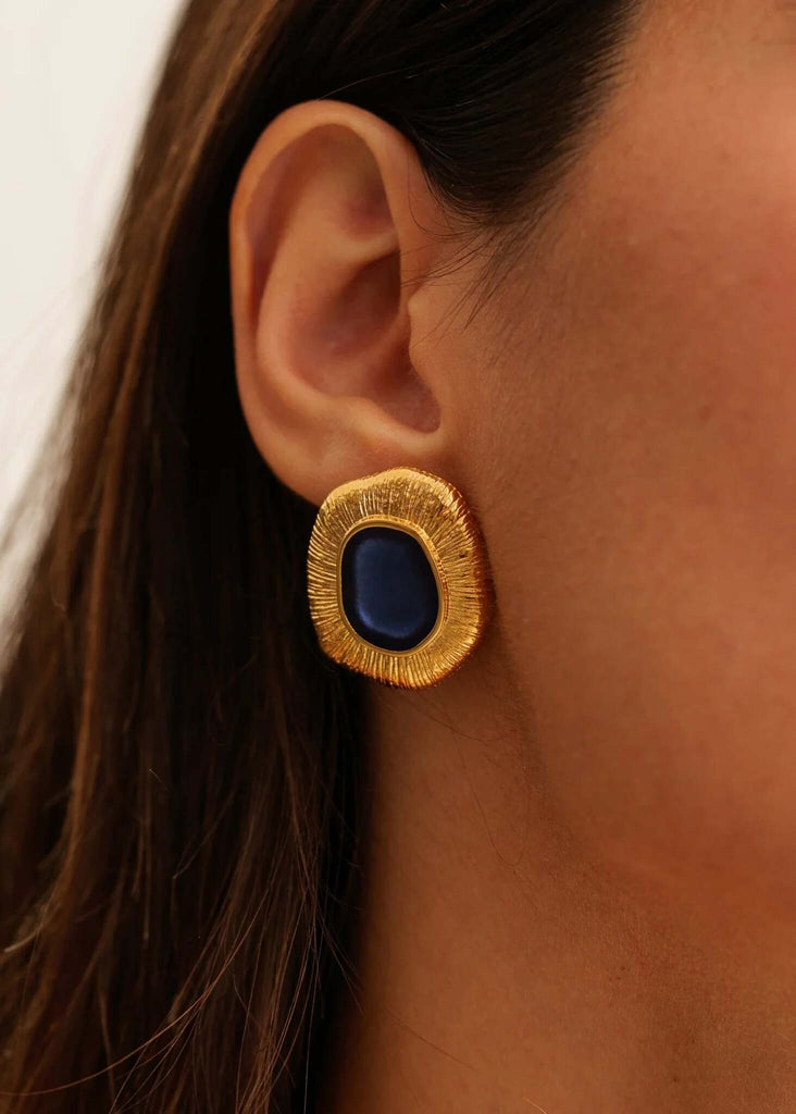 Zanyah Earrings — Gold & blue earring detail on model — MYFASHIONFRUIT