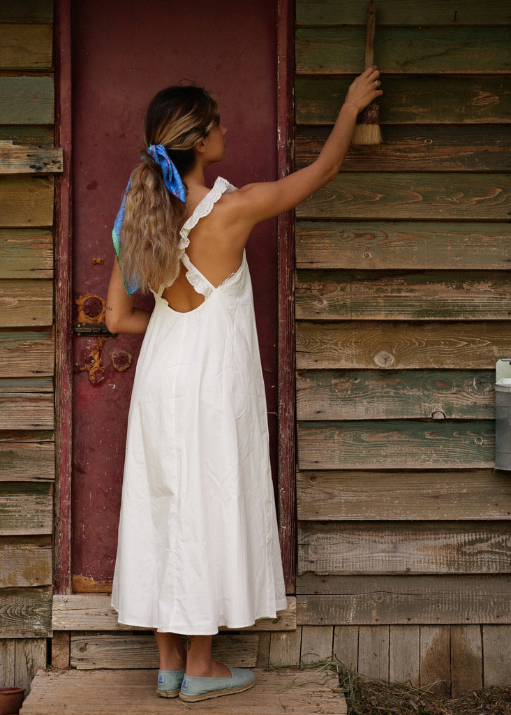 Zouzou Dress — White cotton dress with lace details on model — MYFASHIONFRUIT
