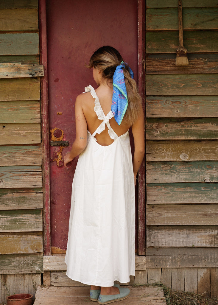 Zouzou Dress — White cotton dress on model, ruffled straps, open back — MYFASHIONFRUIT