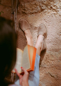 Old Merle Espadrilles — beige suede on model with book — MYFASHIONFRUIT