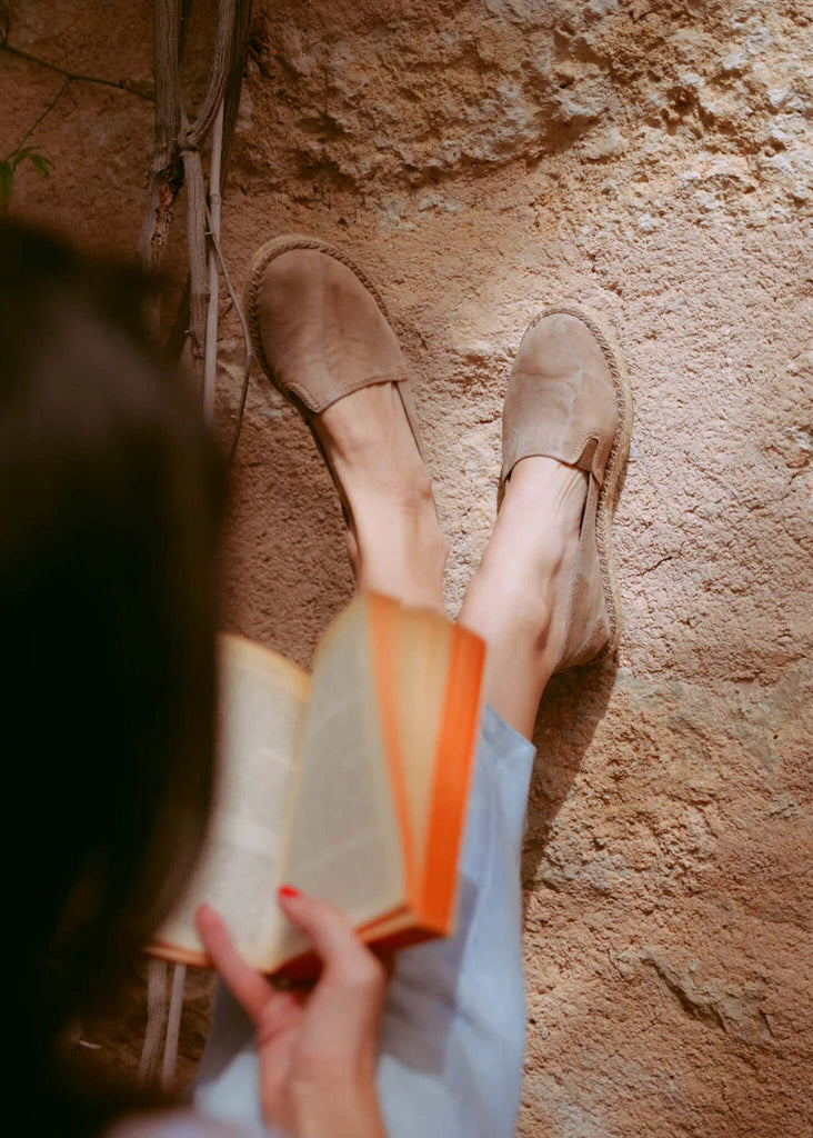 Old Merle Espadrilles — beige suede on model with book — MYFASHIONFRUIT